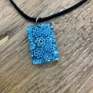 Murano Glass Millefiori Blue Floral Pendant Black Leather Cord Necklace